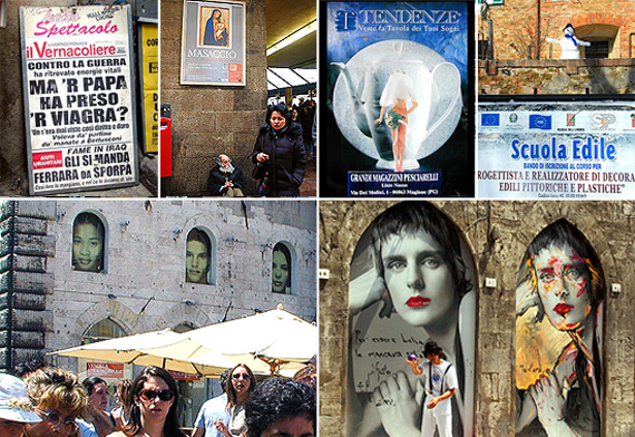 Italian Posters: poster at a newsstand in Cortona, Tuscany, poster in train station, Florence, Tuscany, poster in a hardware store near Perugia, Umbria, poster on the wall in Panicale, Umbria, poster, on Benetton’s wall, Corso Vannucci, Perugia, in Umbria, poster, in Perugia, Umbria.