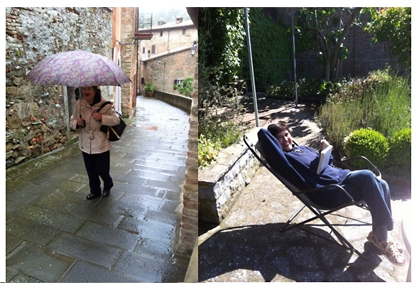 umbrellas and beach chairs. umbria in may, springtime in italy, changeable weather