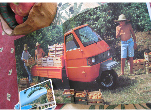 ape in an italian orchard. from a 1982 piaggio NUOVO catalog