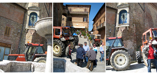 tractors in the piazza for labor day in panicale in umbria, italy