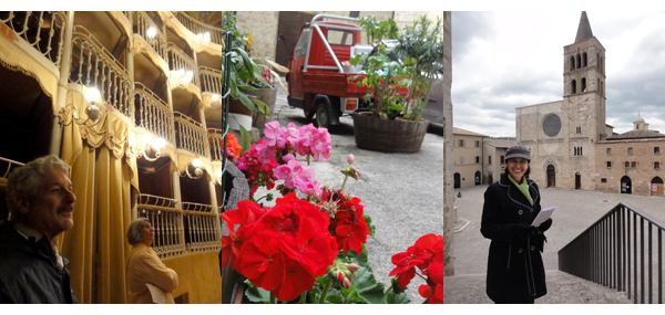 bevagna, italy, ape, geraniums, theater, tower